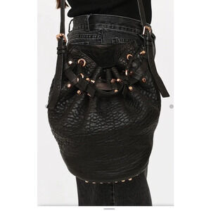 Alexander Wang Diego Pebbled Leather Rose Gold-Tone Hardware Bucket Bag Black